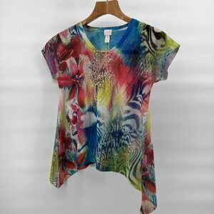 Chicos Womens Size 0 Multicolor Floral Animal Print Rhinestone Sharkbite Tunic